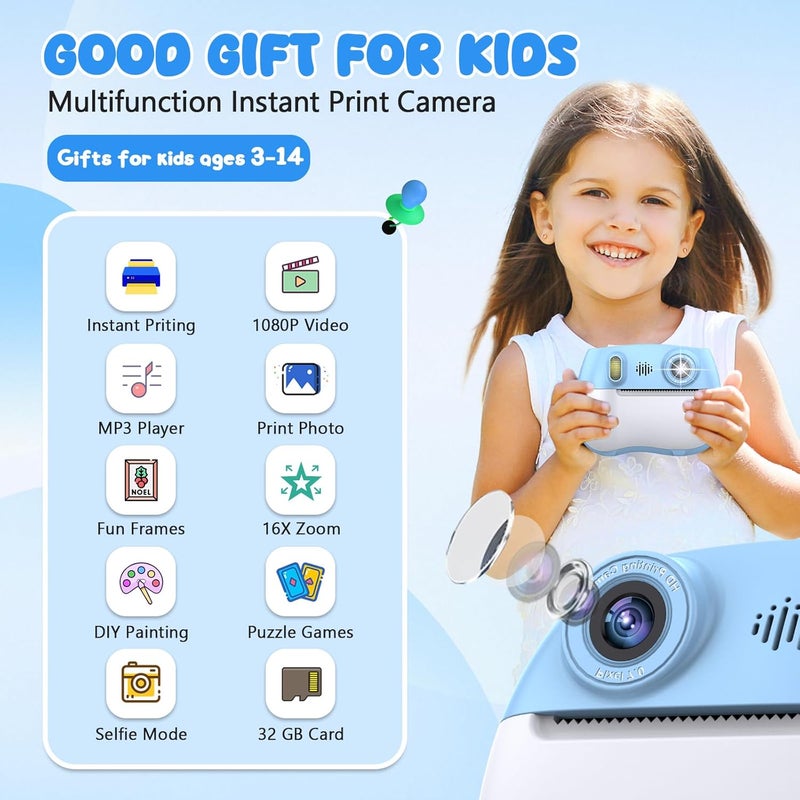 IusZup Kids Camera Instant Print 1080P Front Rear Dual Selfie - Kids Digital Camera with Video Games, 32GB & 5-Color Print Paper/ 250 Photos,Easy to Use & Great Toys Gifts for Boys Girls, Ages 3-12 - Image 2
